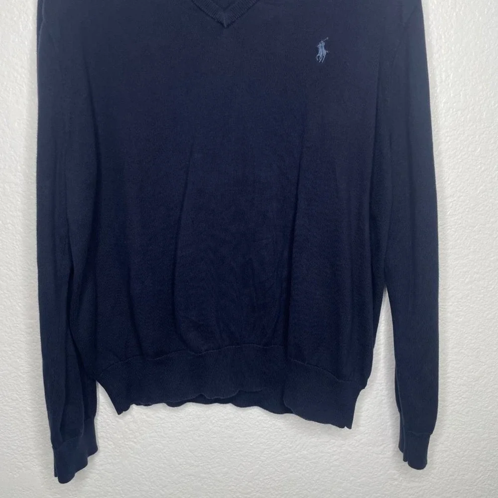 Polo Ralph Lauren Mens Large Navy Blue Pima Cotton V-Neck Sweater Pony Logo